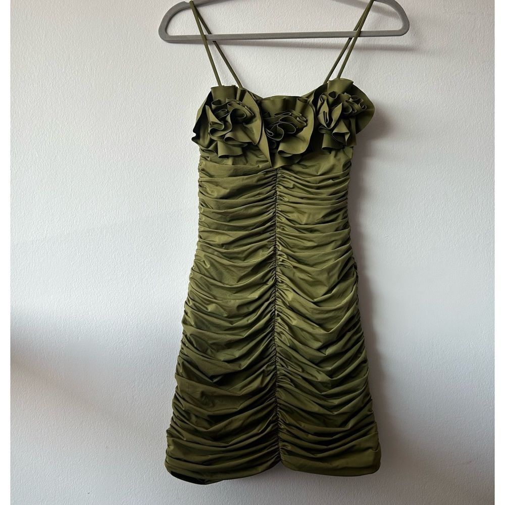 Maygel Coronel Estribo Appliquéd Ruched Stretch-Jersey Mini Dress in Olive Green - Picture 3 of 10